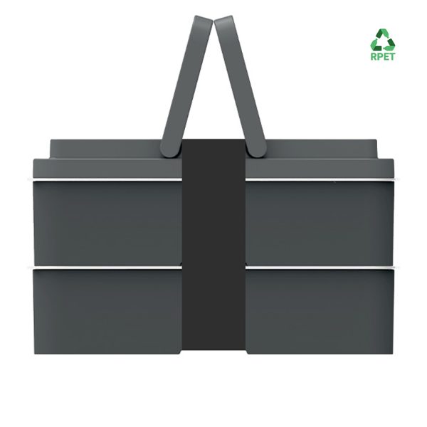 Boîte repas grise ouverte avec compartiments